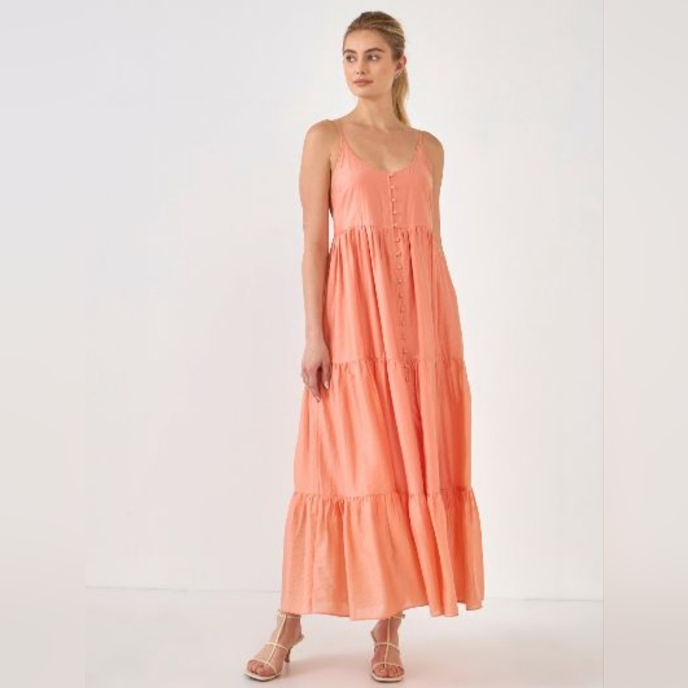 ENDLESS ROSE EXTRA SMALL XS ORANGE BUTTON DETAIL TIERED MAXI MIDI DRESS